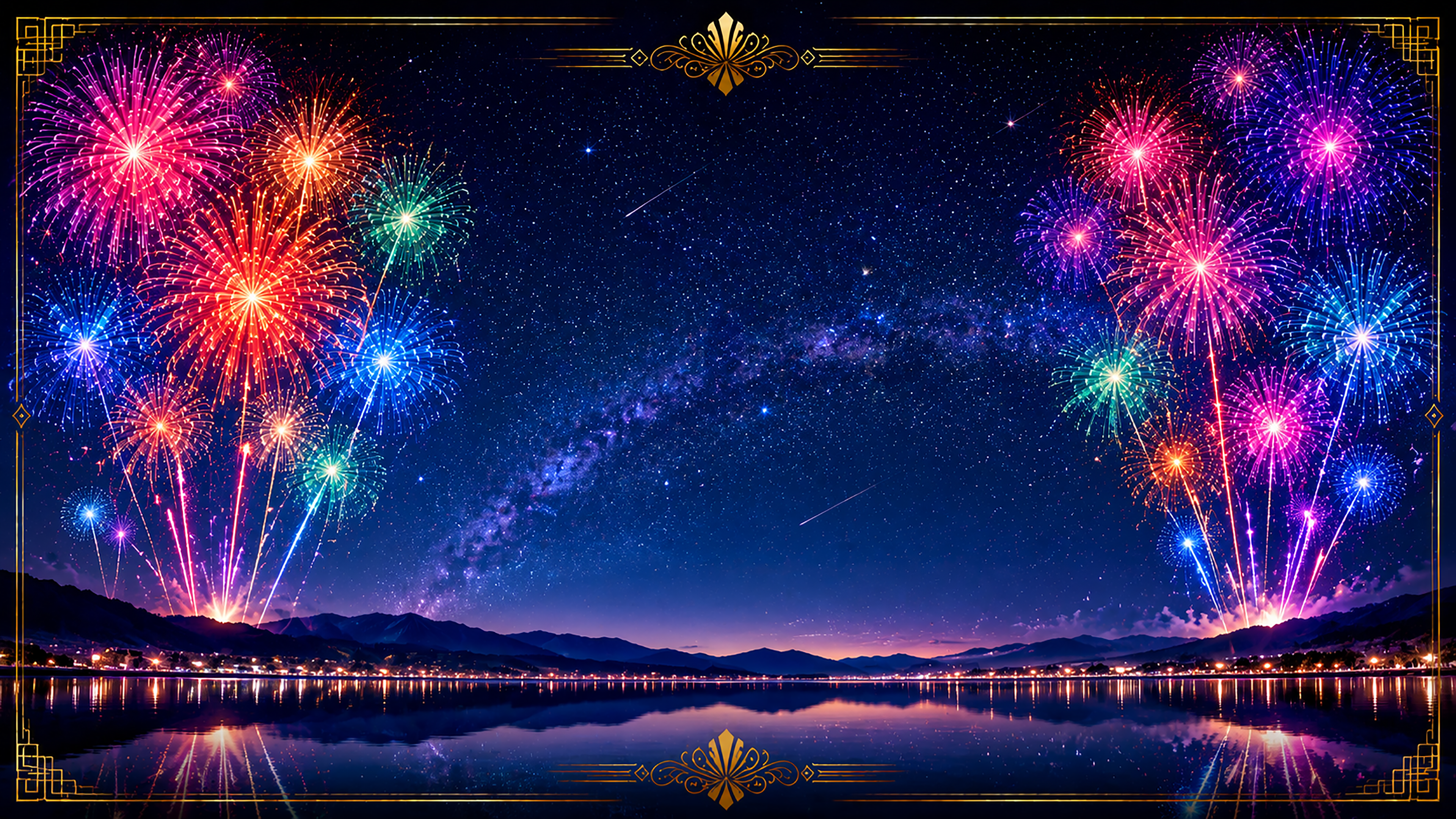 星空とカラフル花火背景【無料・高画質PNG】93083に写真・文字を入れる