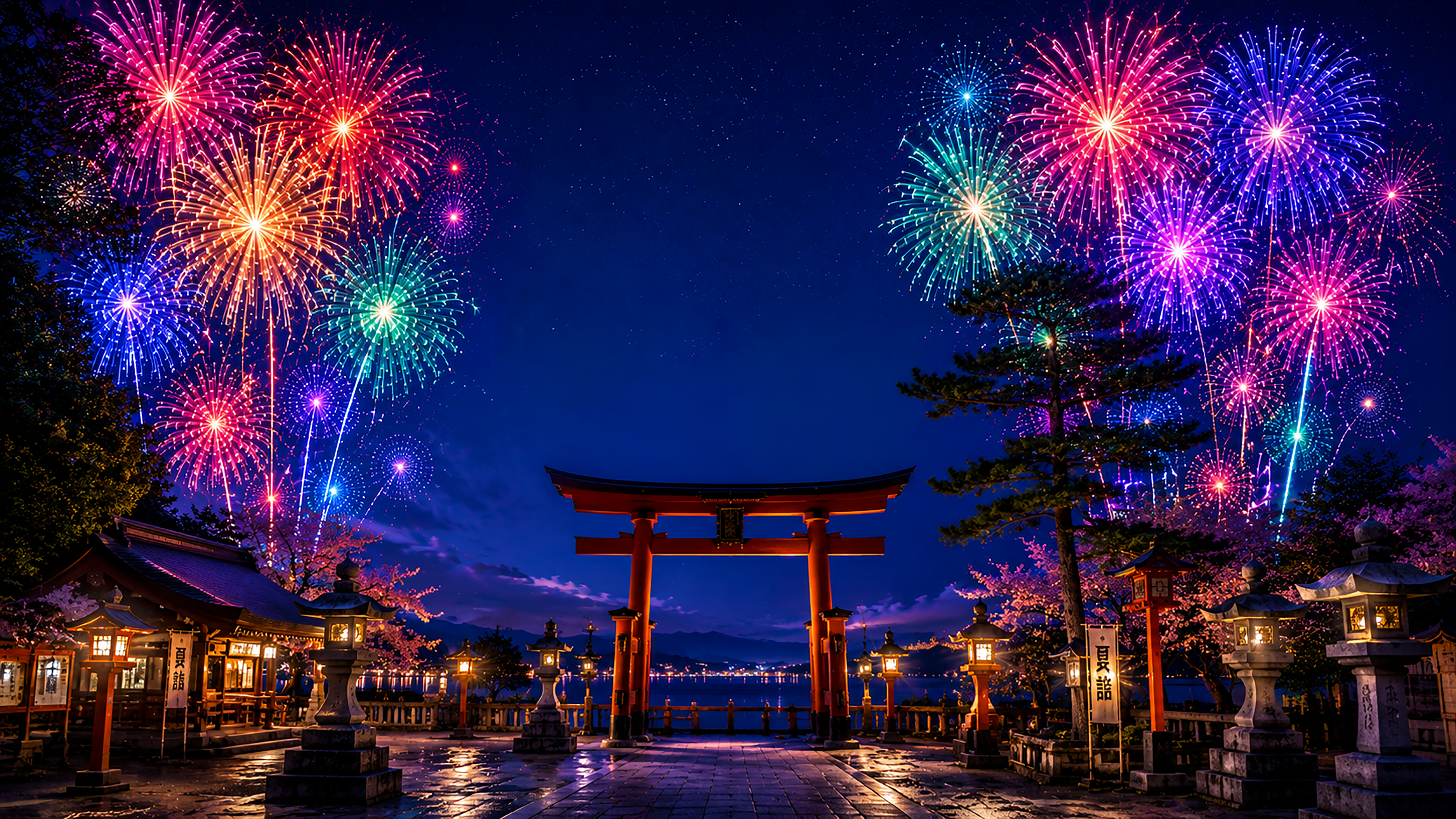 神社とカラフル花火背景【無料・高画質PNG】93084に写真・文字を入れる