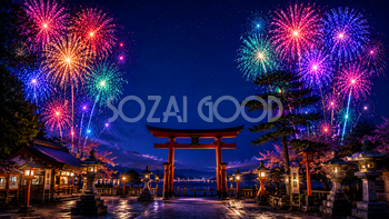 神社とカラフル花火背景【無料・高画質PNG】93084
