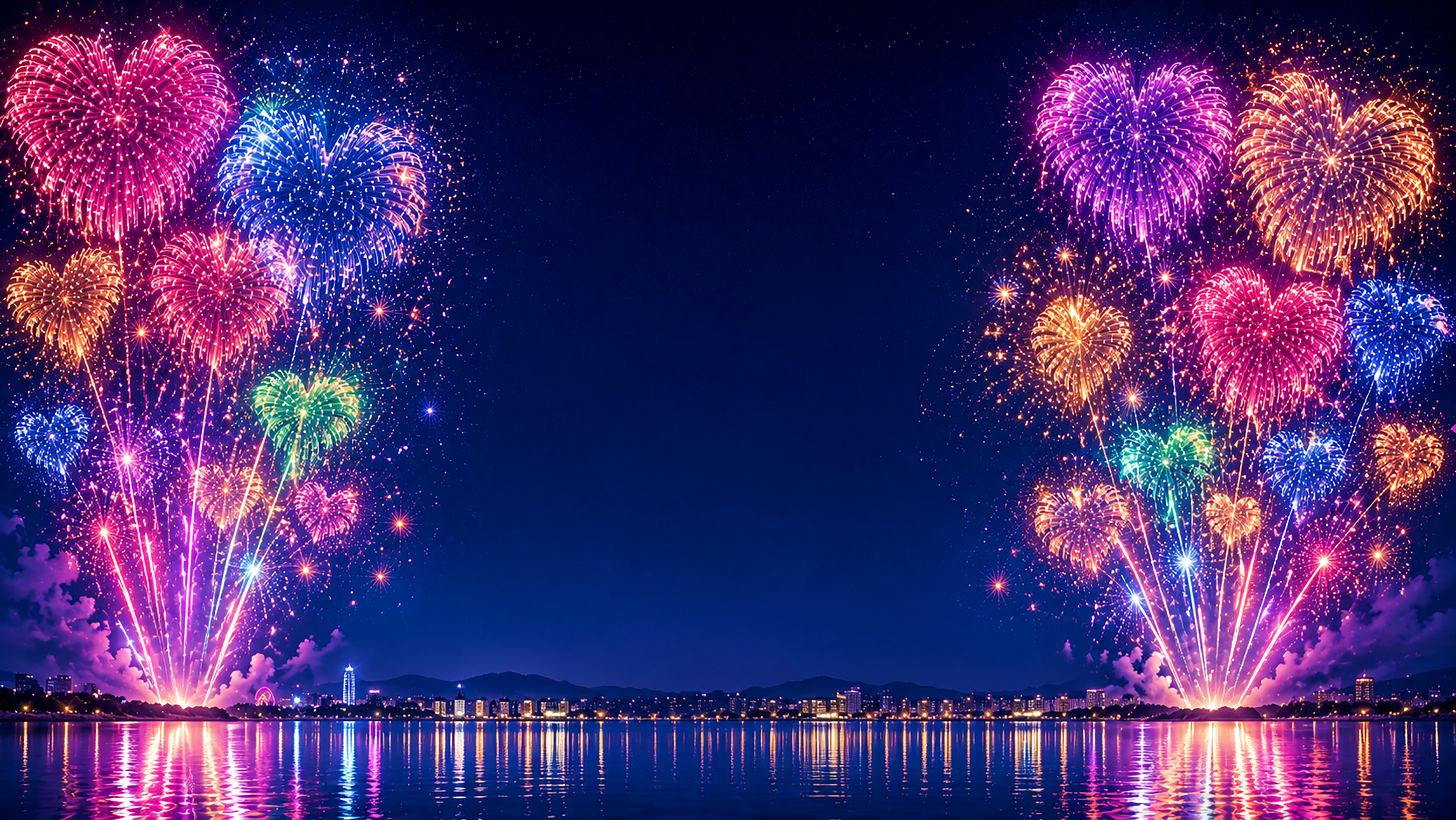 ハート風カラフル花火背景【無料・高画質PNG】93088に写真・文字を入れる