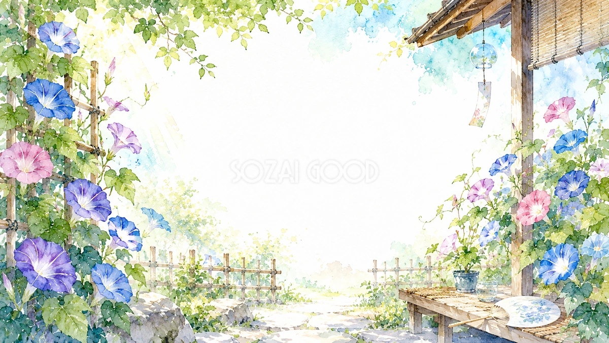 朝顔の咲く庭背景【無料・高画質PNG】夏の花イラスト背景93092