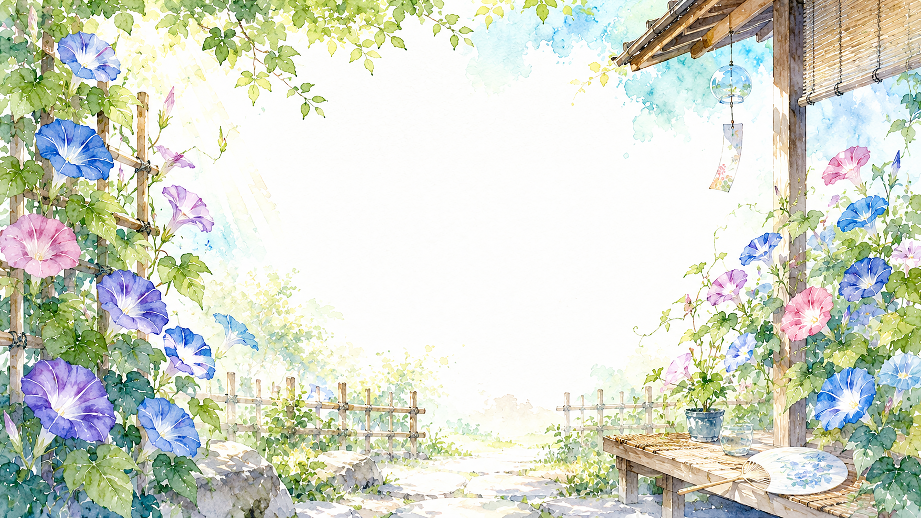 朝顔の咲く庭背景【無料・高画質PNG】夏の花イラスト背景93092に写真・文字を入れる