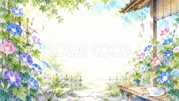 朝顔の咲く庭背景【無料・高画質PNG】夏の花イラスト背景93092