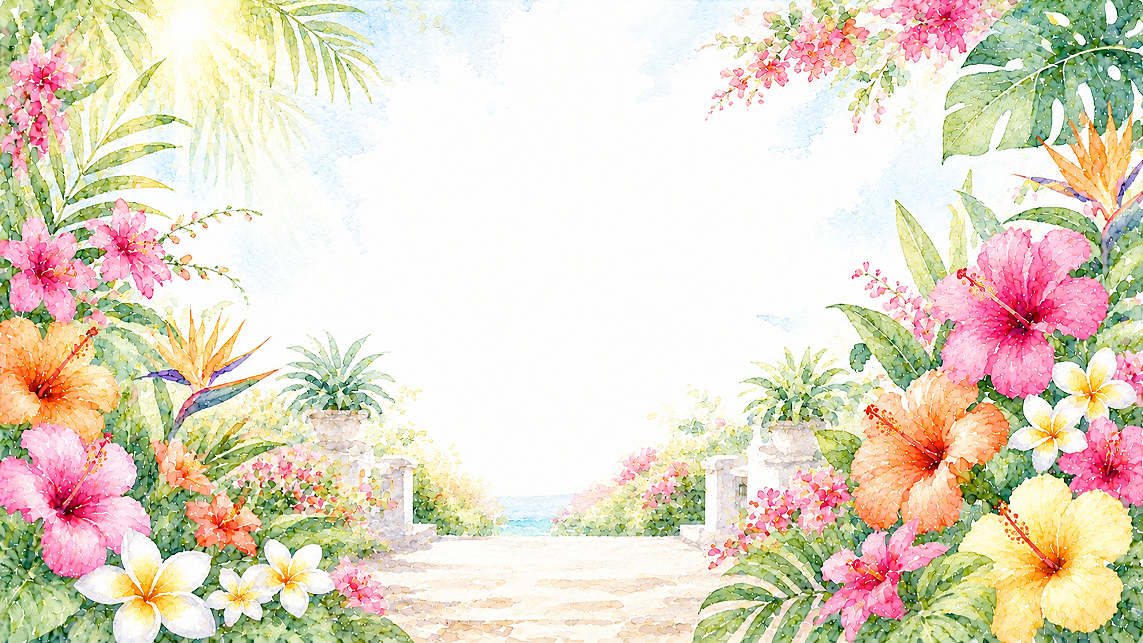 トロピカルフラワーガーデン背景【無料・高画質PNG】南国の花イラスト93100に写真・文字を入れる
