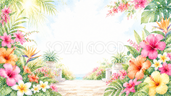 トロピカルフラワーガーデン背景【無料・高画質PNG】南国の花イラスト93100