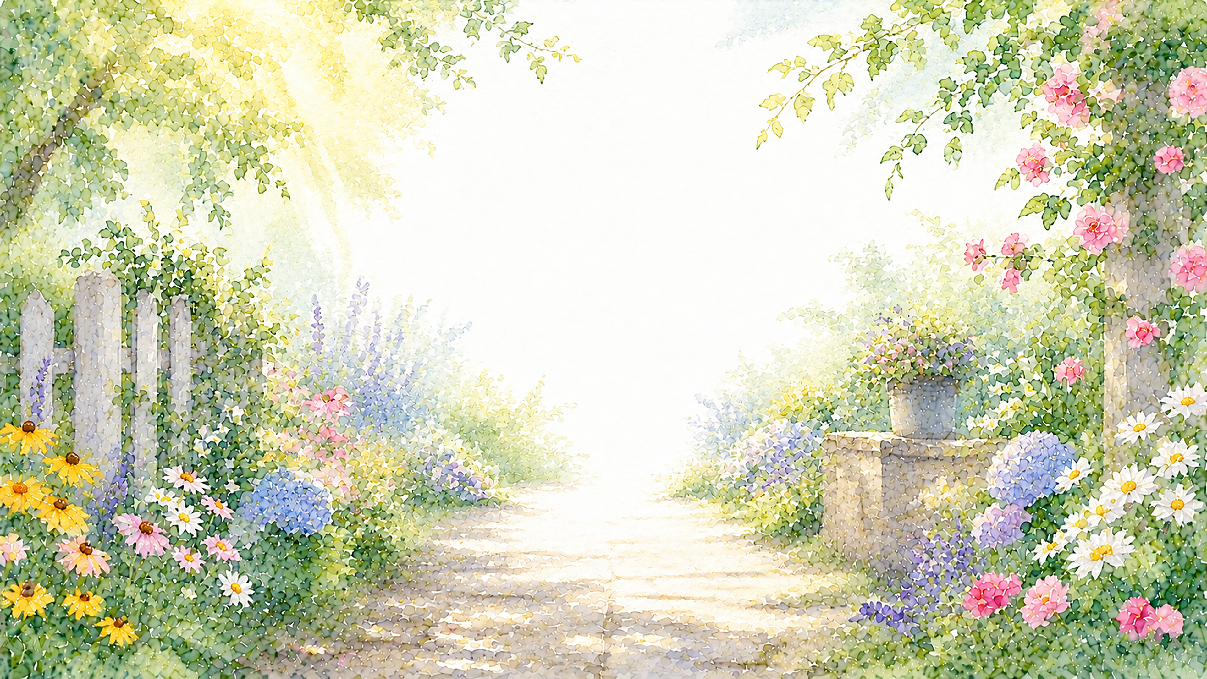 木漏れ日と花の小道背景【無料・高画質PNG】夏の花イラスト背景93101に写真・文字を入れる