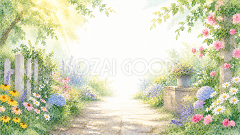 木漏れ日と花の小道背景【無料・高画質PNG】夏の花イラスト背景93101