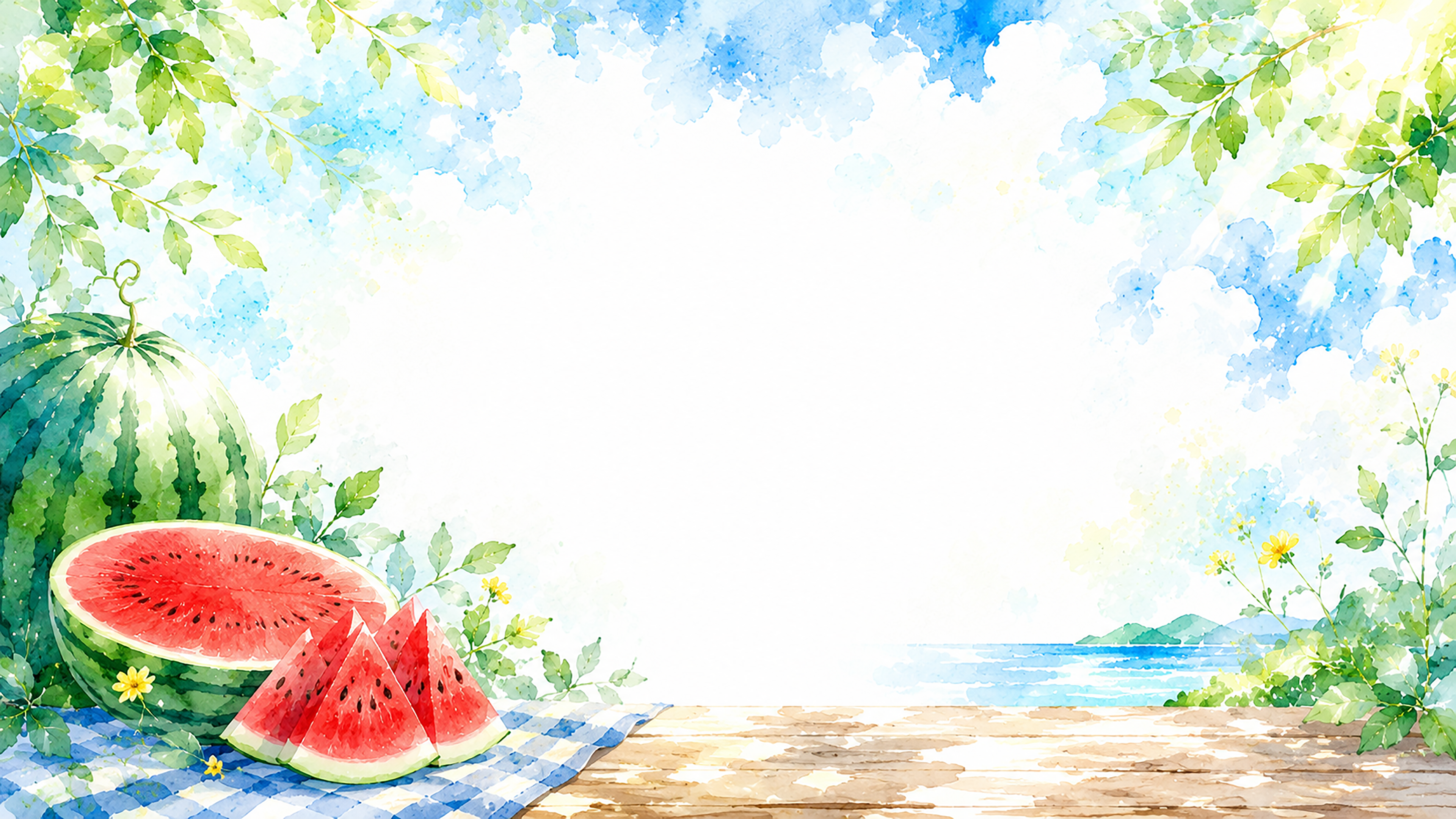 夏のスイカ背景【無料・高画質PNG】水彩イラスト93104に写真・文字を入れる