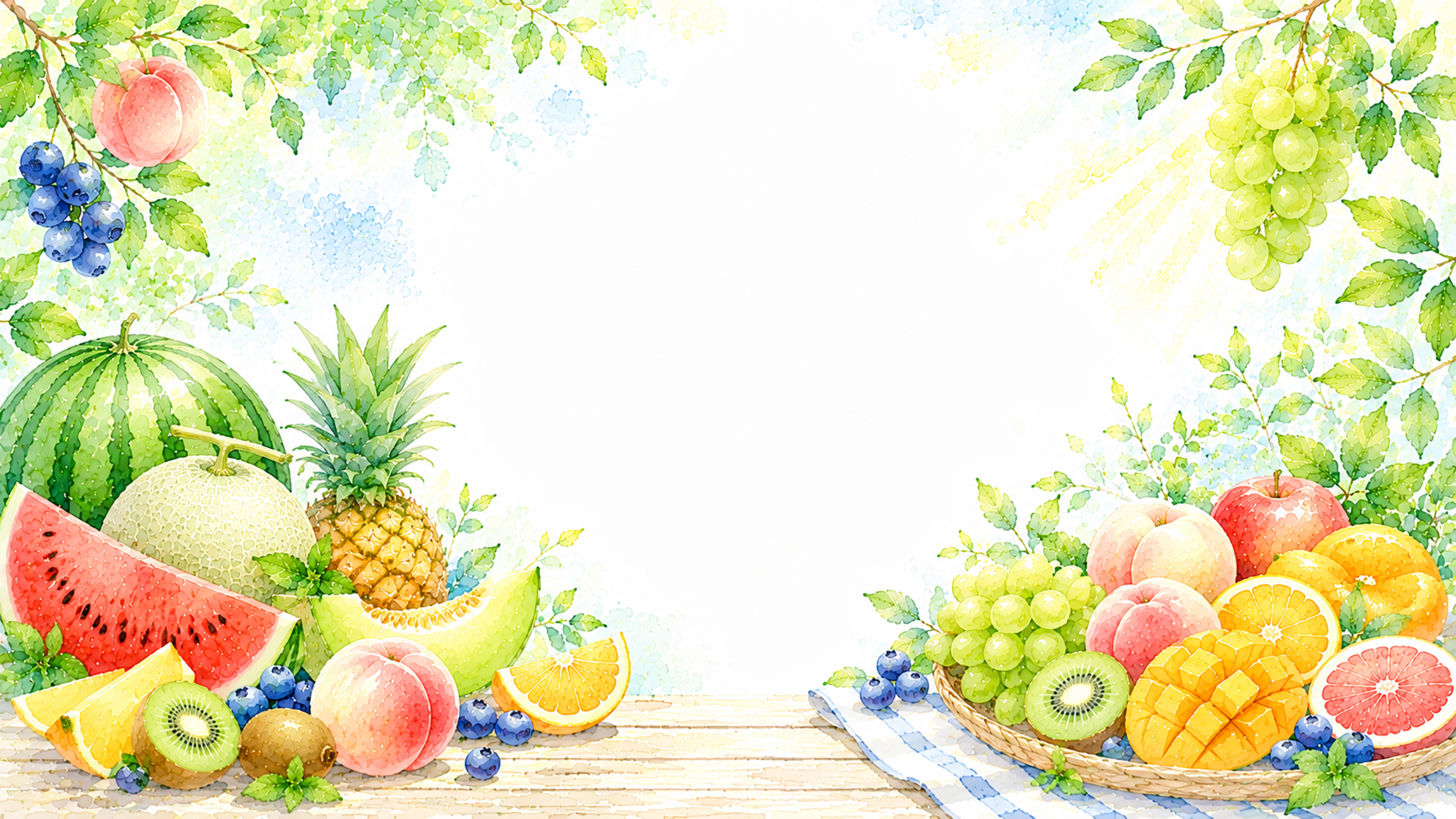 夏のミックスフルーツ背景【無料・高画質PNG】水彩イラスト93113に写真・文字を入れる