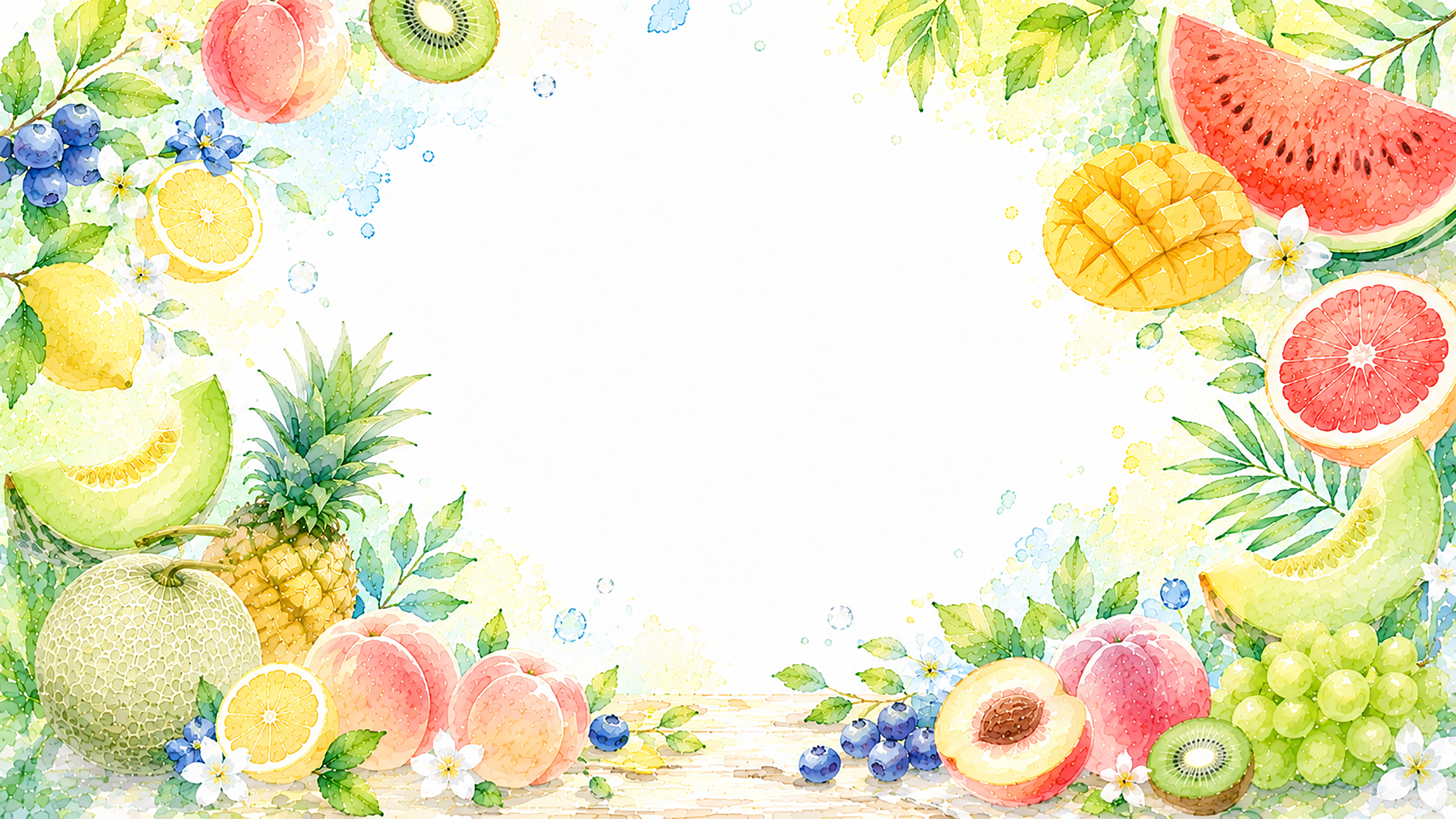夏のフルーツコラージュ背景【無料・高画質PNG】水彩イラスト93115に写真・文字を入れる