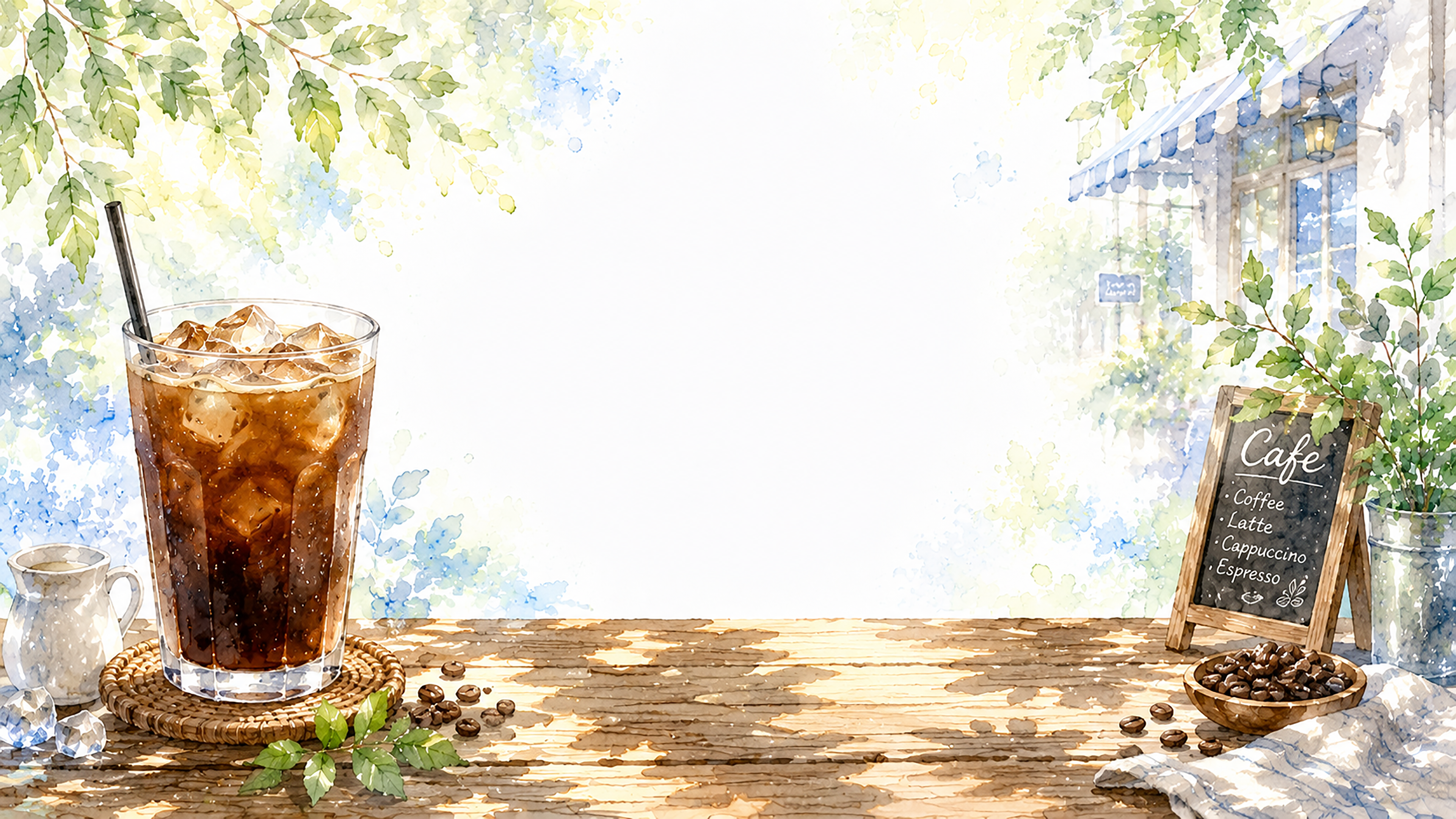 夏のアイスコーヒー背景【無料・高画質PNG】水彩イラスト93119に写真・文字を入れる