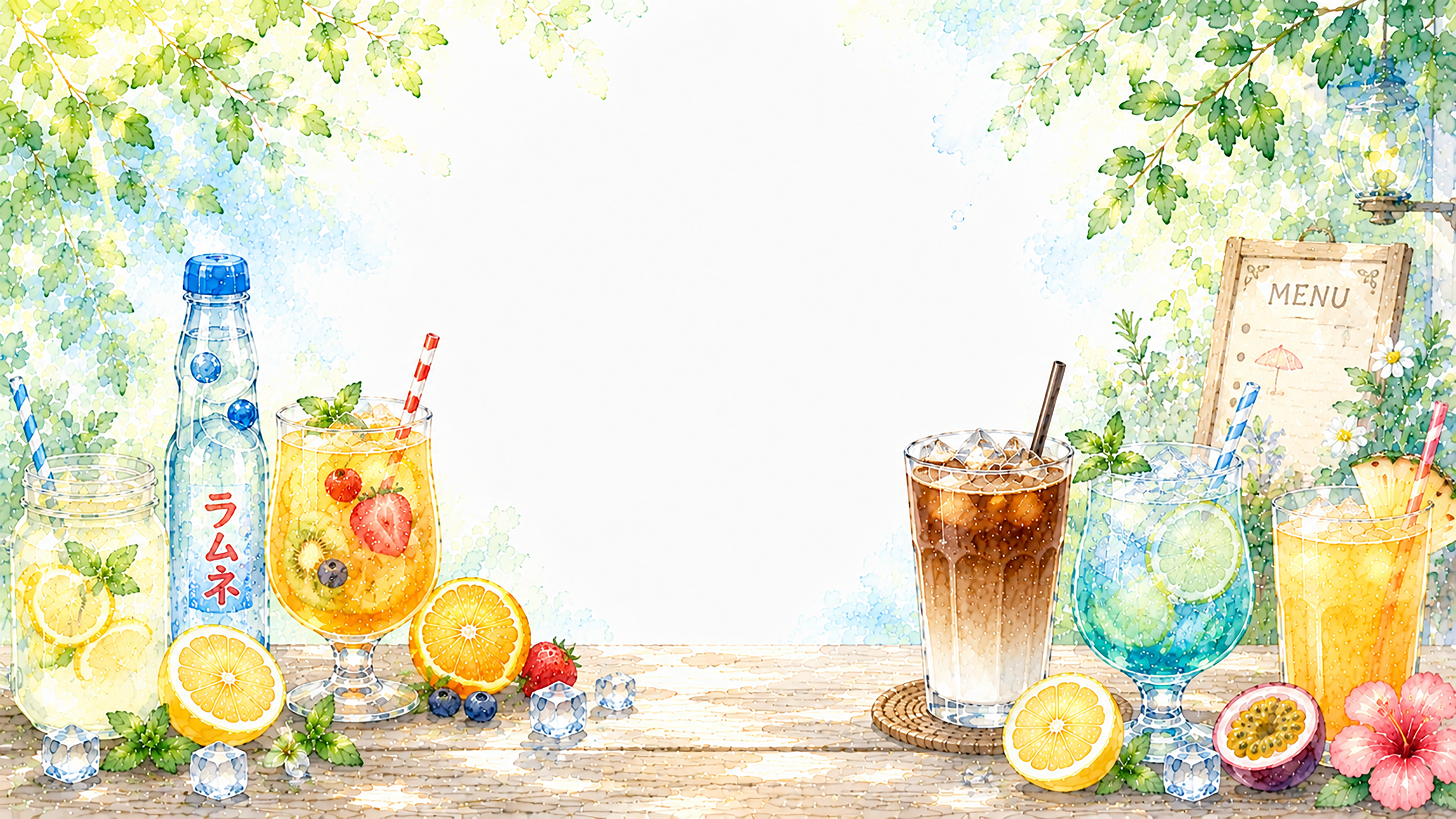 夏のミックスドリンク背景【無料・高画質PNG】水彩イラスト93127に写真・文字を入れる