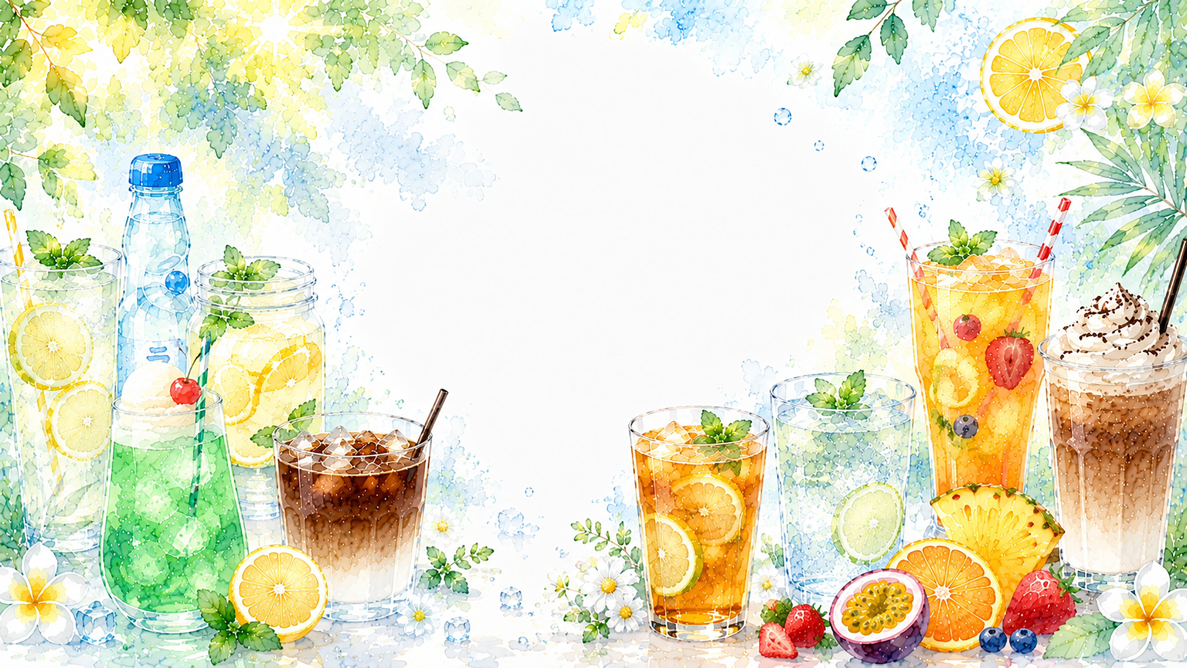夏のドリンクコラージュ背景【無料・高画質PNG】水彩イラスト93128に写真・文字を入れる