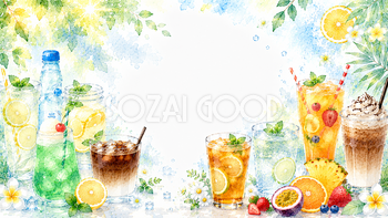夏のドリンクコラージュ背景【無料・高画質PNG】水彩イラスト93128