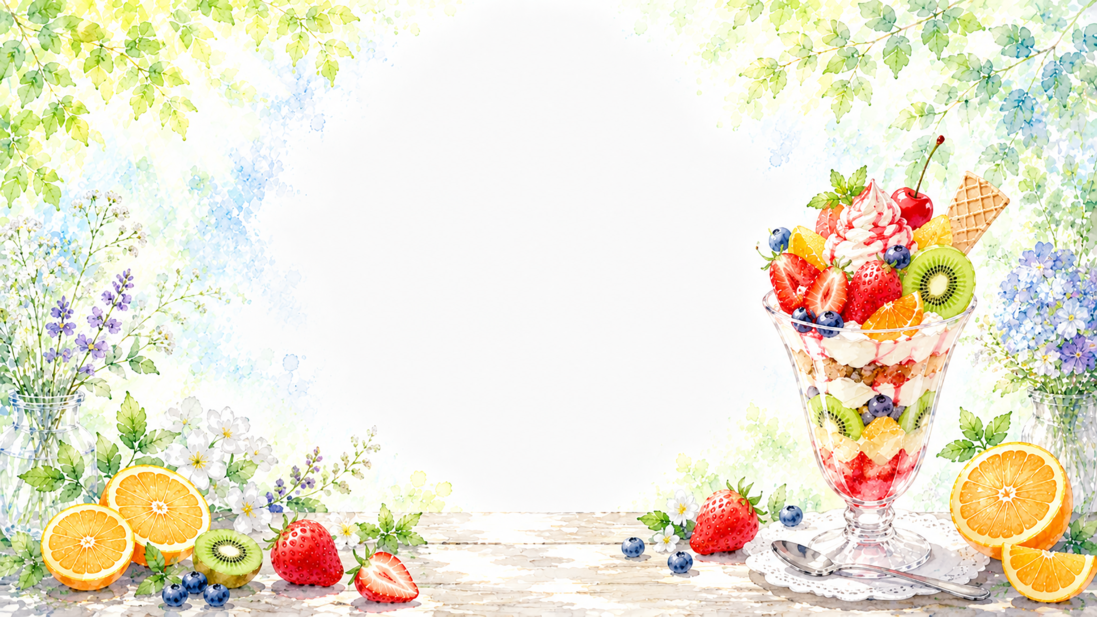 夏のフルーツパフェ背景【無料・高画質PNG】水彩イラスト93132に写真・文字を入れる
