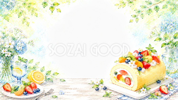 夏のフルーツロールケーキ背景【無料・高画質PNG】水彩イラスト93139