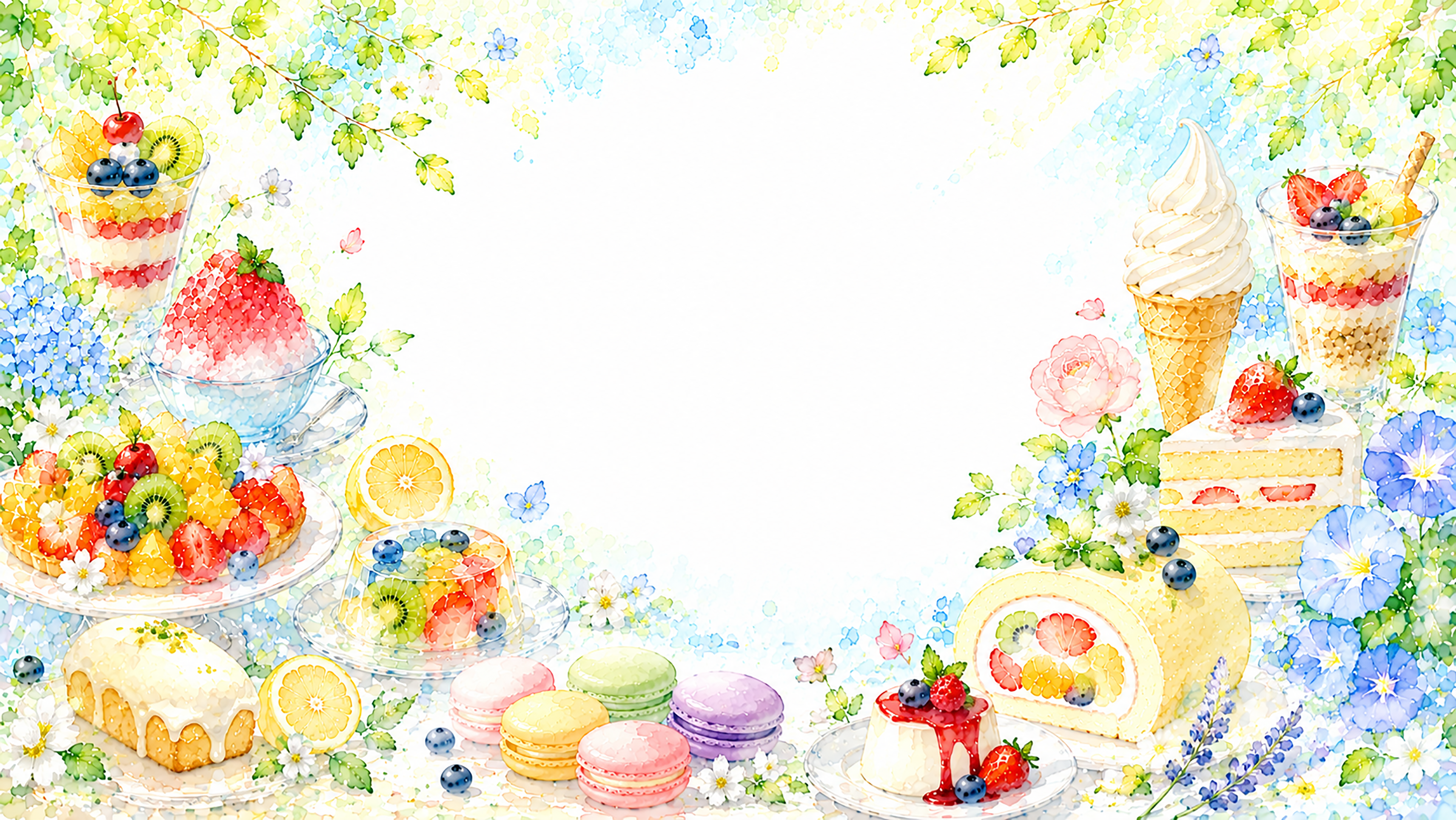 夏のスイーツコラージュ背景【無料・高画質PNG】水彩イラスト93141に写真・文字を入れる