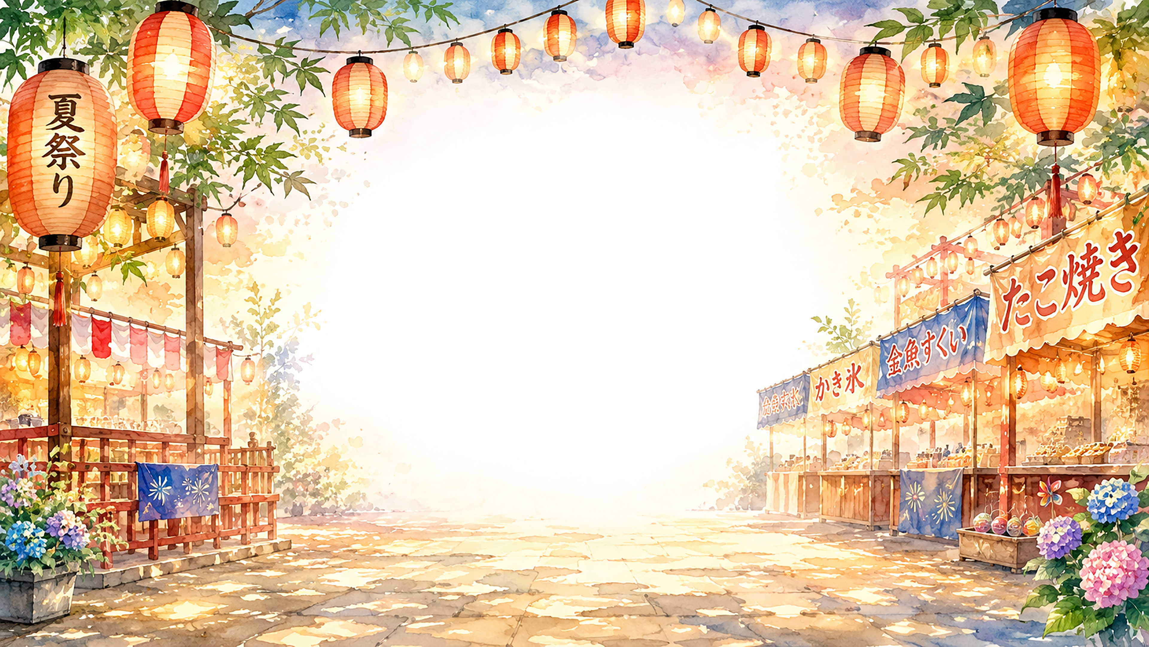 提灯が並ぶ夏祭り背景【無料・高画質PNG】93143に写真・文字を入れる