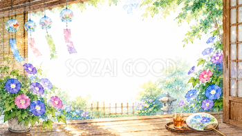 朝顔と縁側背景【無料・高画質PNG】93151