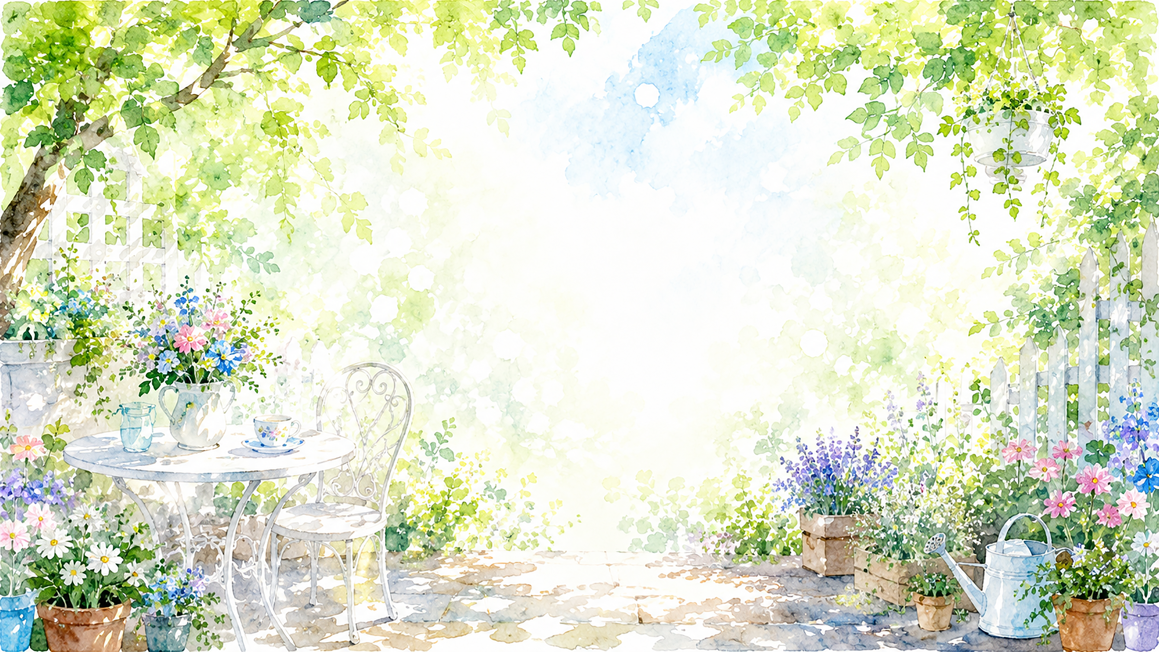木漏れ日のガーデン背景【無料・高画質PNG】爽やかな夏の庭園イラスト93156に写真・文字を入れる