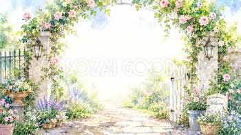ガーデンアーチ背景【無料・高画質PNG】花咲く庭園イラスト93157
