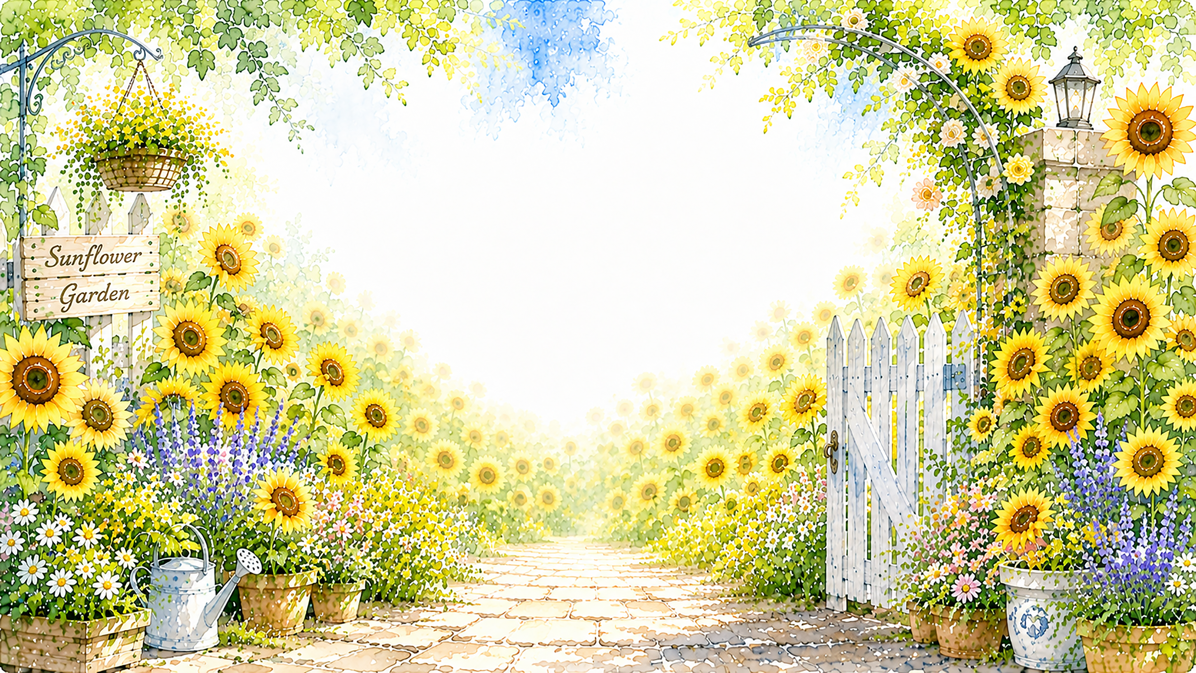 ひまわりガーデン背景【無料・高画質PNG】明るい夏の庭園イラスト93159に写真・文字を入れる