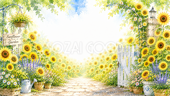 ひまわりガーデン背景【無料・高画質PNG】明るい夏の庭園イラスト93159