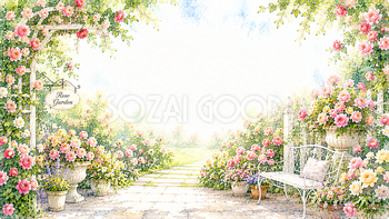 ローズガーデン背景【無料・高画質PNG】エレガントな庭園イラスト93161