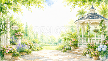 ガゼボのある庭背景【無料・高画質PNG】リゾート風ガーデンイラスト93163