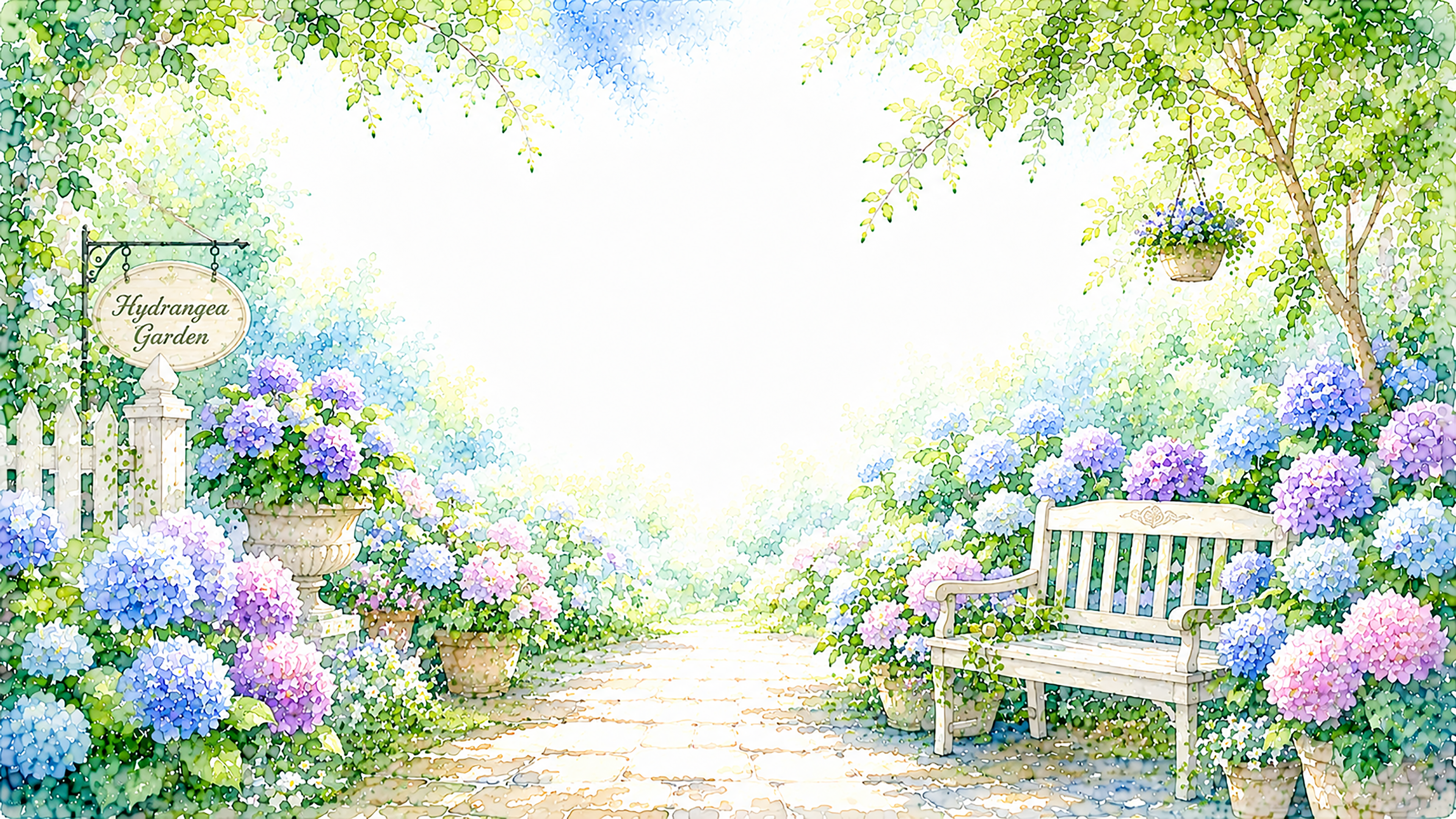 紫陽花ガーデン背景【無料・高画質PNG】涼しげな夏の庭園イラスト93164に写真・文字を入れる