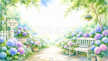紫陽花ガーデン背景【無料・高画質PNG】涼しげな夏の庭園イラスト93164