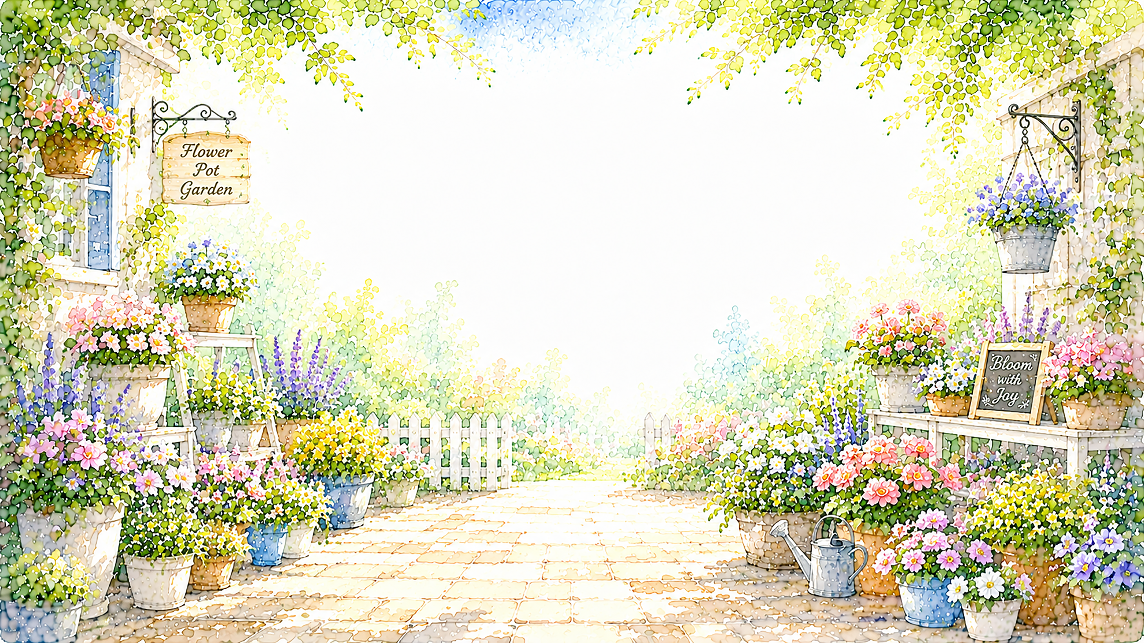 フラワーポットガーデン背景【無料・高画質PNG】かわいい庭イラスト93165に写真・文字を入れる