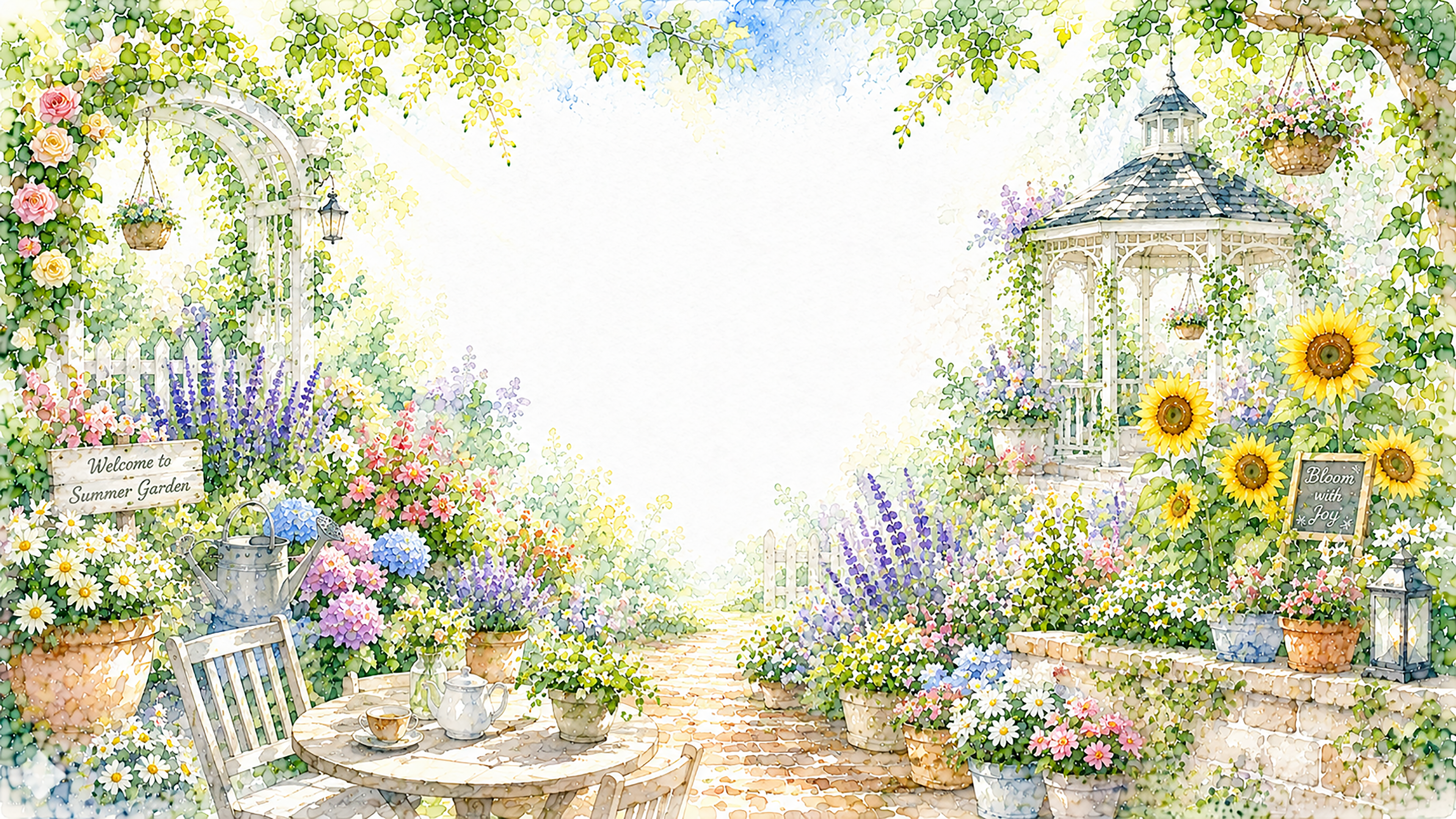 夏のガーデンコラージュ背景【無料・高画質PNG】庭園イラストセット93167に写真・文字を入れる