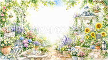 夏のガーデンコラージュ背景【無料・高画質PNG】庭園イラストセット93167