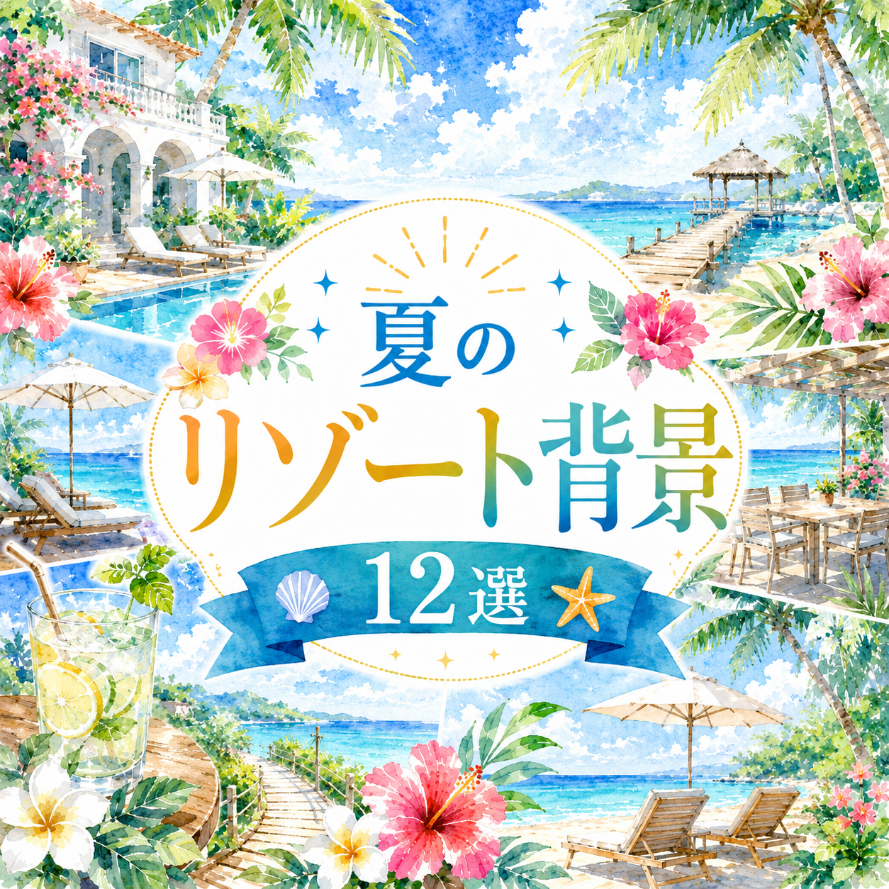 夏のリゾート背景12選【無料・高画質PNG】海・南国・プール・ビーチの背景イラスト素材93168に写真・文字を入れる