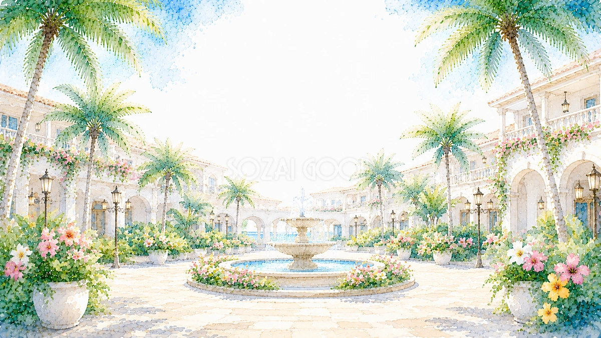 リゾートホテルの庭園背景【無料・高画質PNG】93178