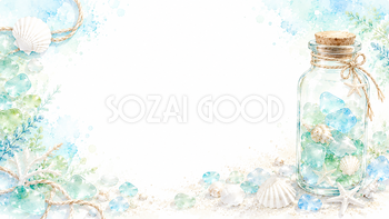 ガラス瓶とシーグラス背景【無料・高画質PNG】おしゃれな海辺イラスト93183