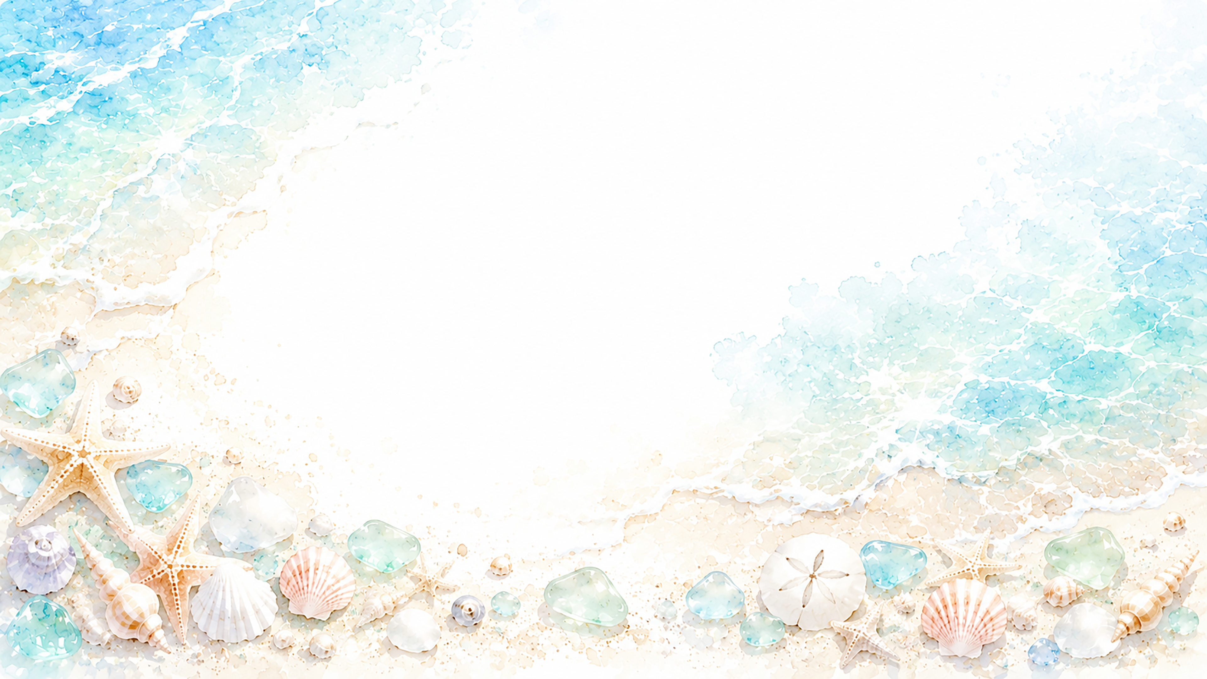 波打ち際の貝殻背景【無料・高画質PNG】爽やかな夏の海イラスト93184に写真・文字を入れる