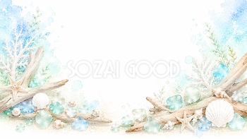 流木とシーグラス背景【無料・高画質PNG】ナチュラルな海辺イラスト93188