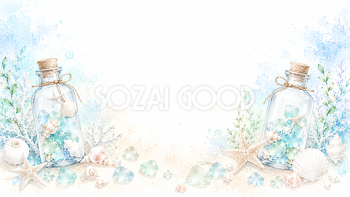 マリンボトル背景【無料・高画質PNG】シーグラスと貝殻イラスト93190