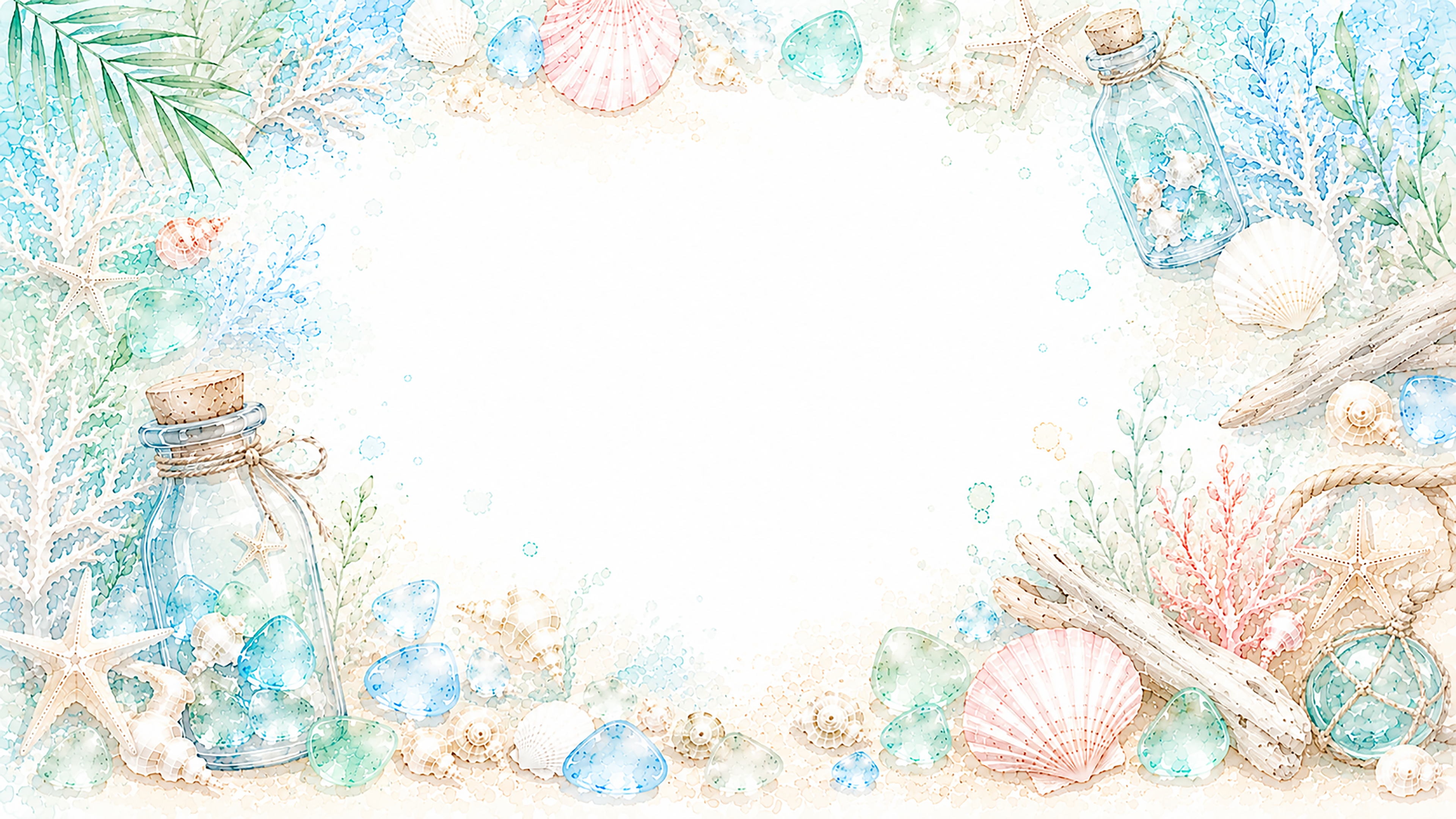 貝殻・シーグラスフレーム背景【無料・高画質PNG】夏の海辺イラスト93193に写真・文字を入れる