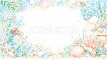 貝殻・シーグラスフレーム背景【無料・高画質PNG】夏の海辺イラスト93193
