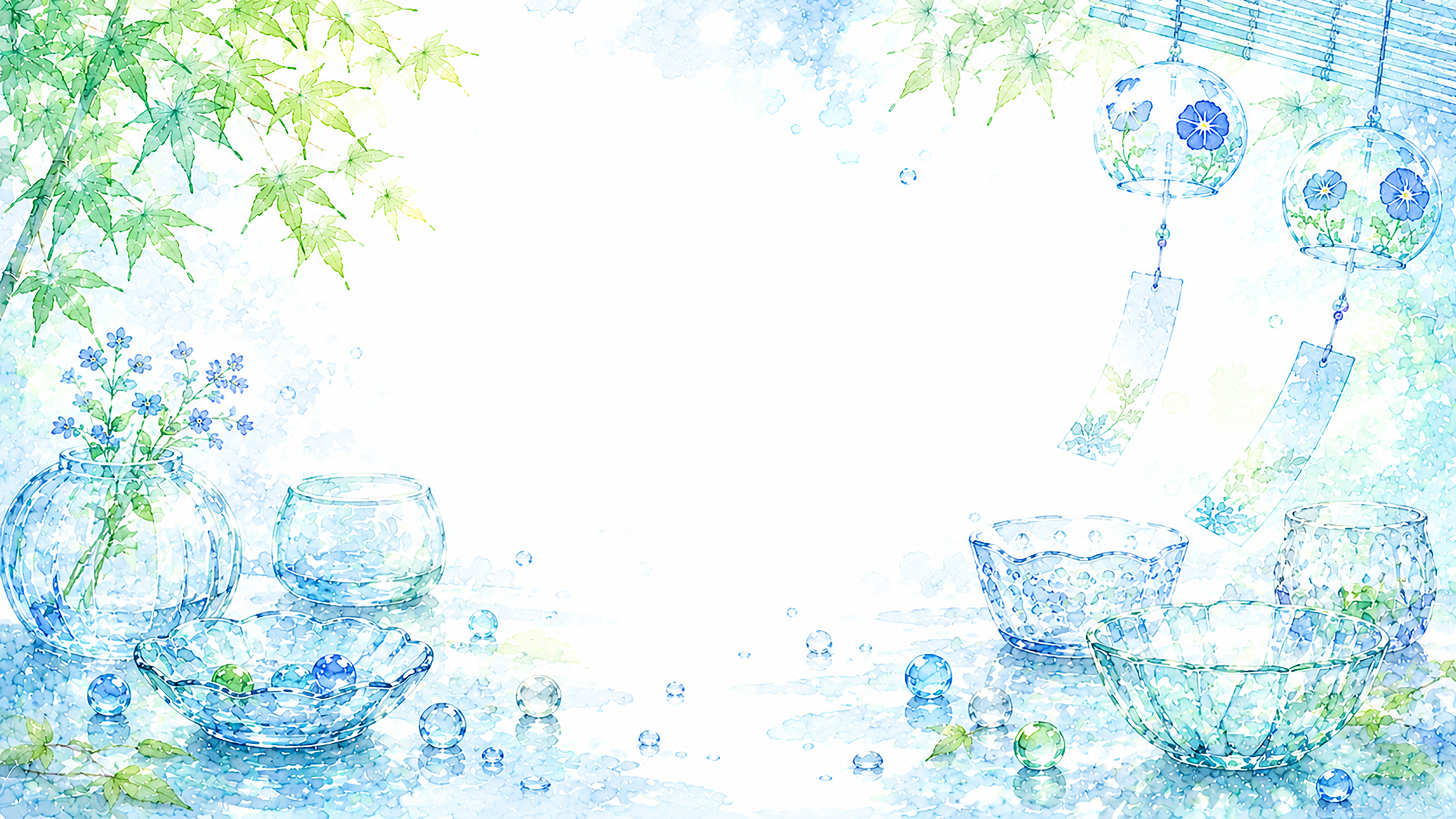 ガラス器と水滴背景【無料・高画質PNG】透明感あふれる夏背景素材93200に写真・文字を入れる