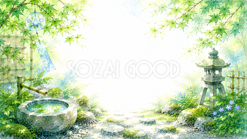 庭園の水鉢背景【無料・高画質PNG】青もみじ・和庭園93209