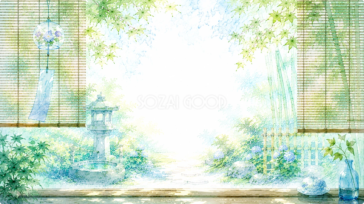 すだれ越しの風景背景【無料・高画質PNG】和風・納涼背景93210