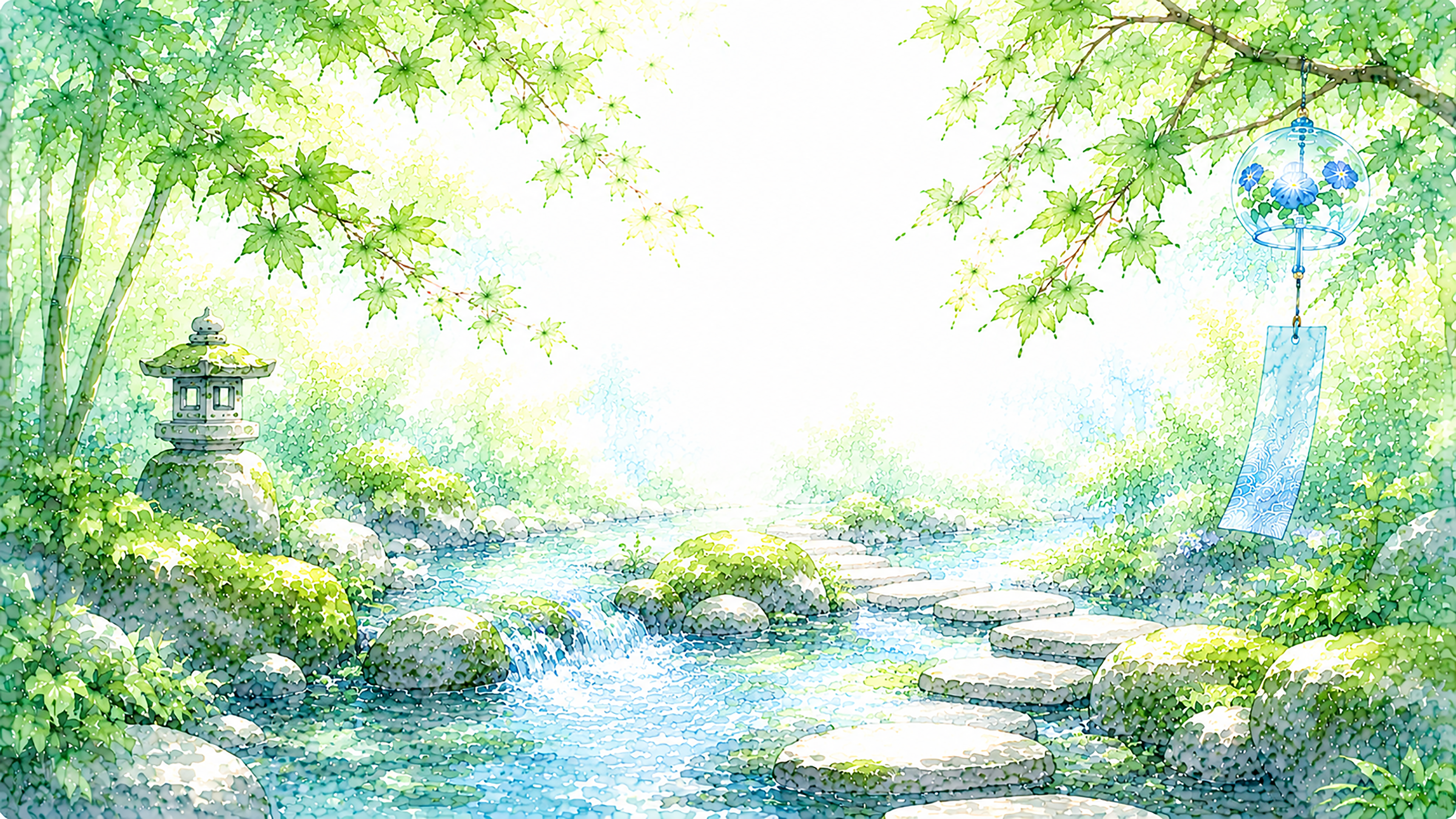 小川と青もみじ背景【無料・高画質PNG】和風・涼景色93214に写真・文字を入れる