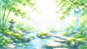 小川と青もみじ背景【無料・高画質PNG】和風・涼景色93214