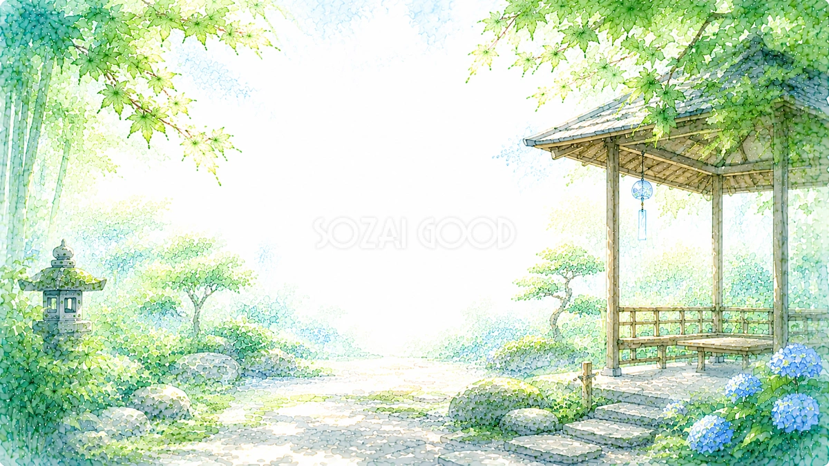 東屋の和庭園背景【無料・高画質PNG】風鈴・夏景色93215