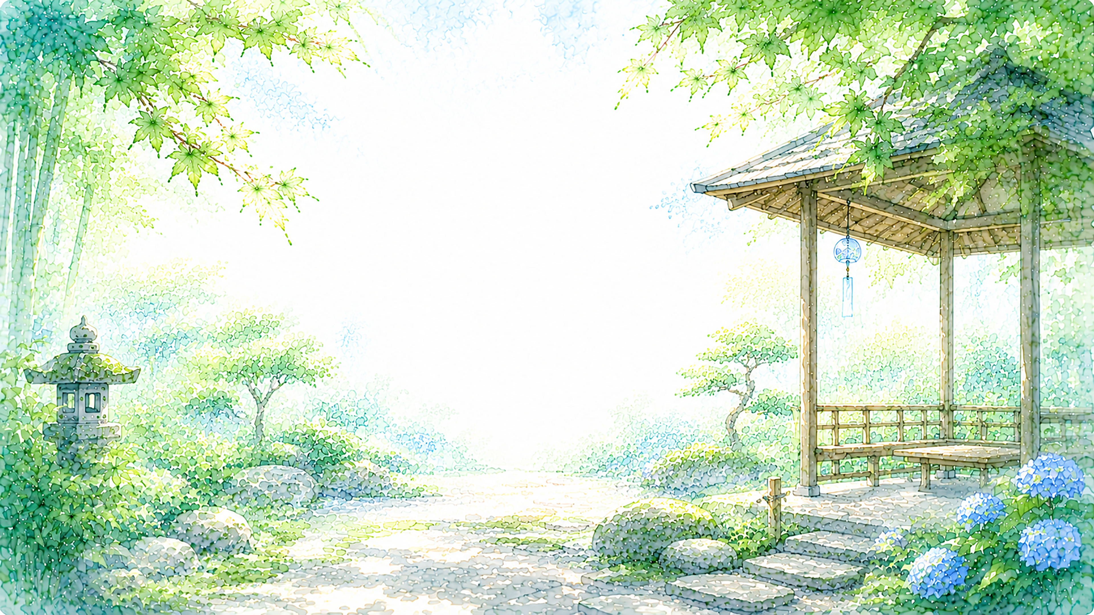 東屋の和庭園背景【無料・高画質PNG】風鈴・夏景色93215に写真・文字を入れる