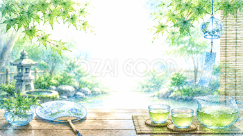 ガラス器と青葉背景【無料・高画質PNG】涼を感じる和風背景93217